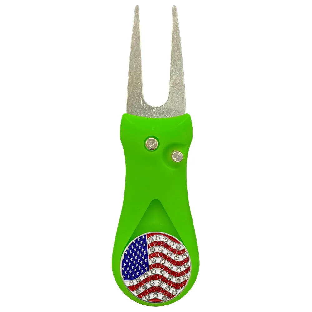 USA Flag Golf Ball Marker With Colored Divot Repair Tool