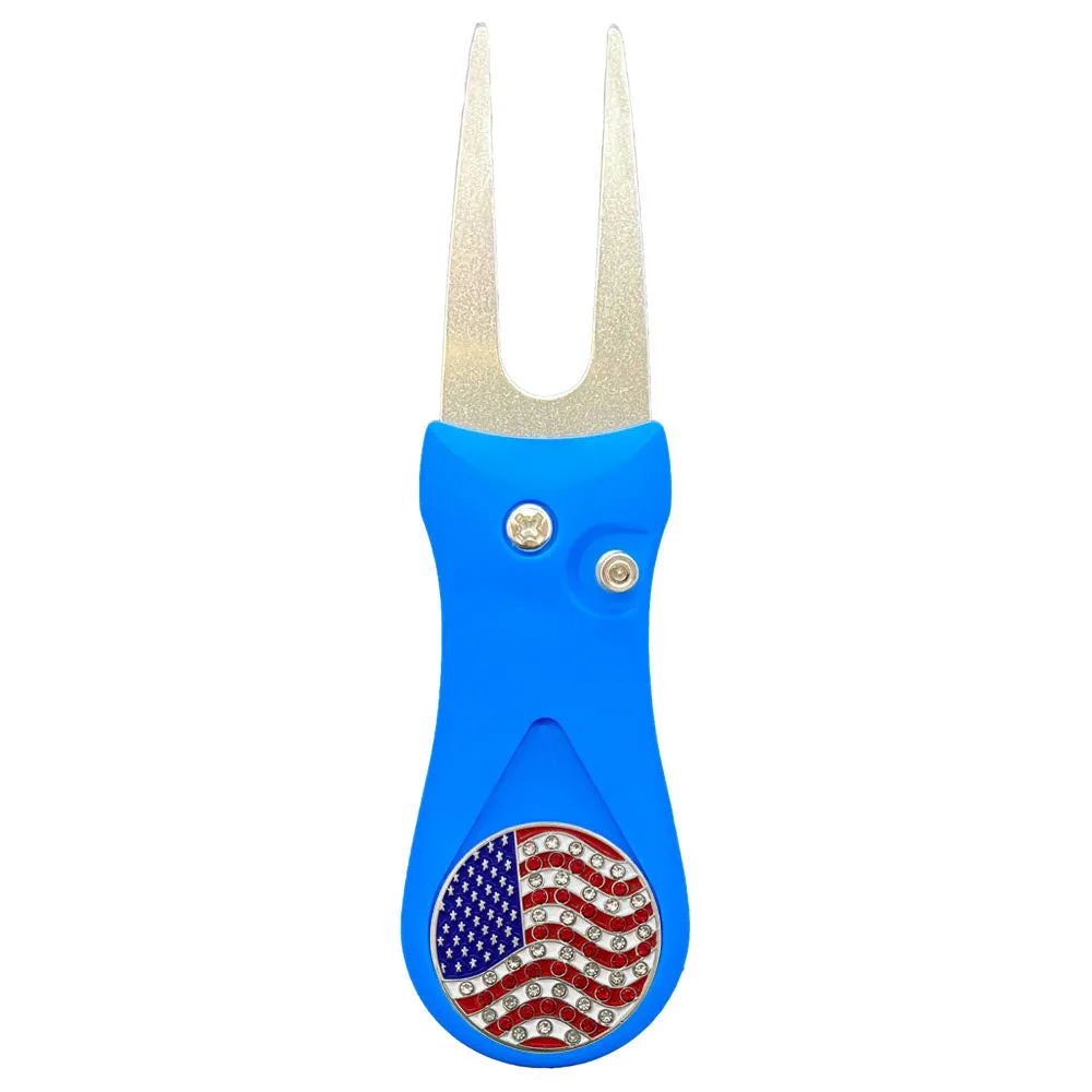 USA Flag Golf Ball Marker With Colored Divot Repair Tool