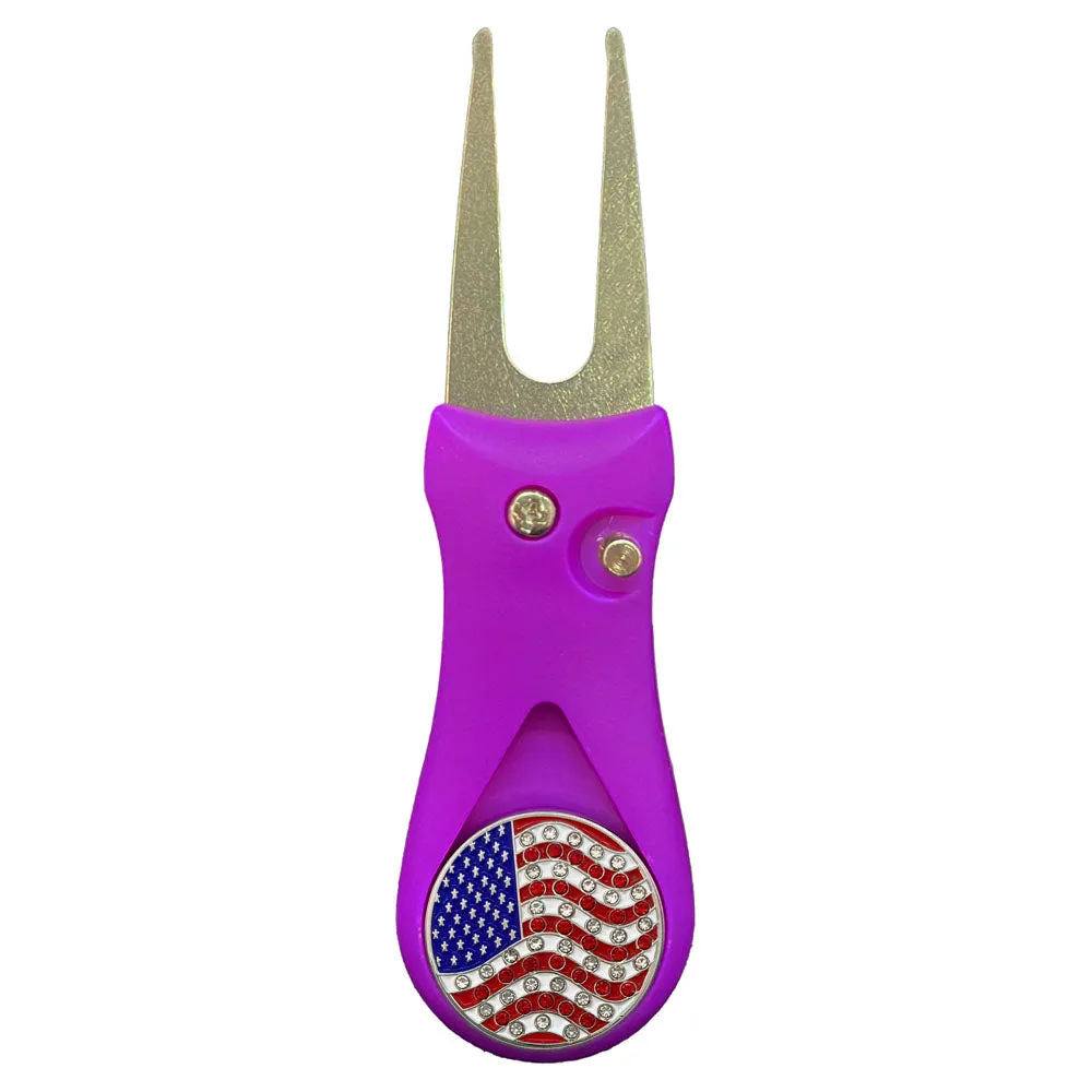 USA Flag Golf Ball Marker With Colored Divot Repair Tool