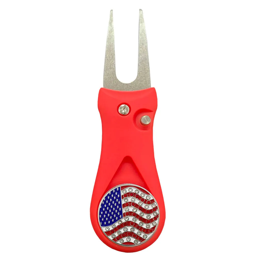 USA Flag Golf Ball Marker With Colored Divot Repair Tool