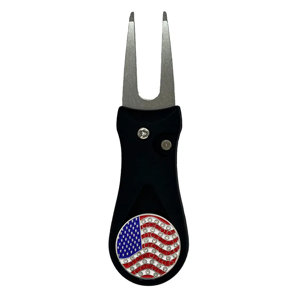 USA Flag Golf Ball Marker With Colored Divot Repair Tool