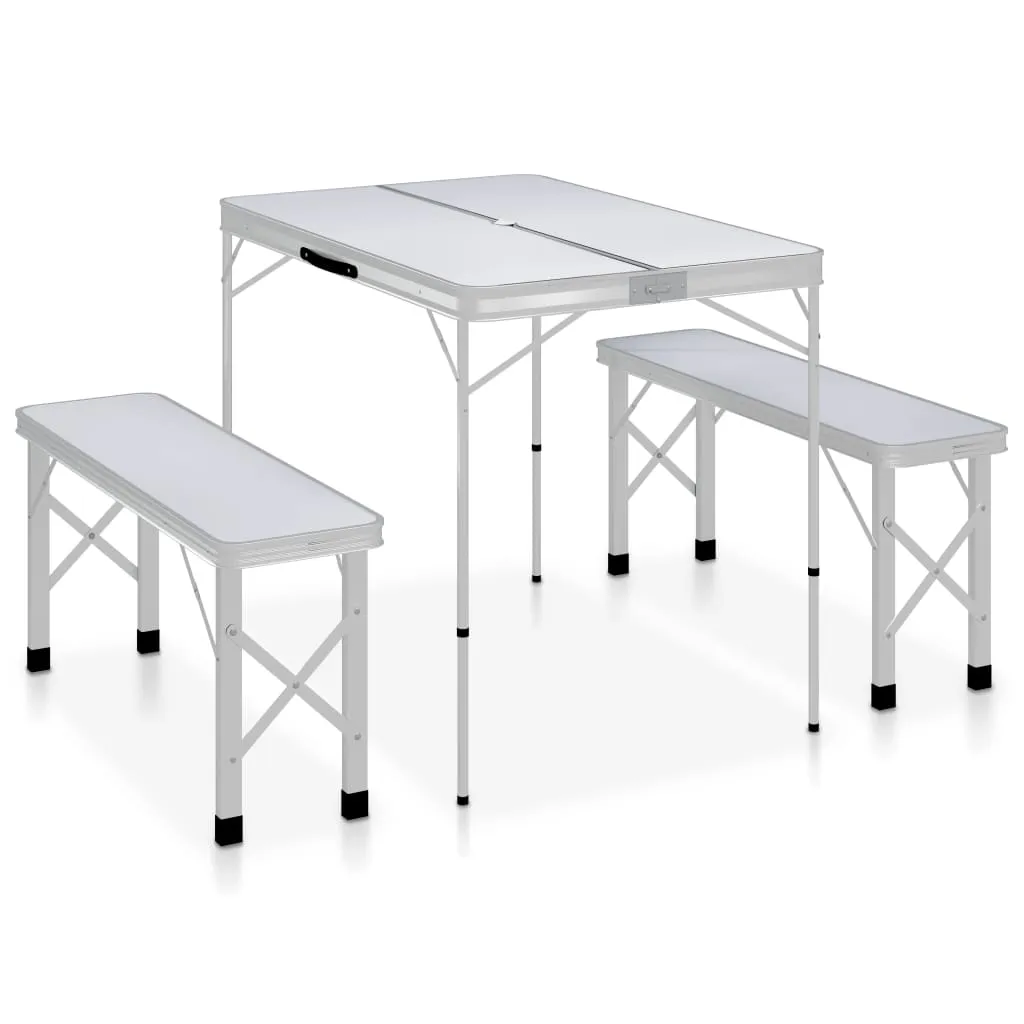 vidaXL Folding Camping Table with 2 Benches Aluminium White - Portable & Durable