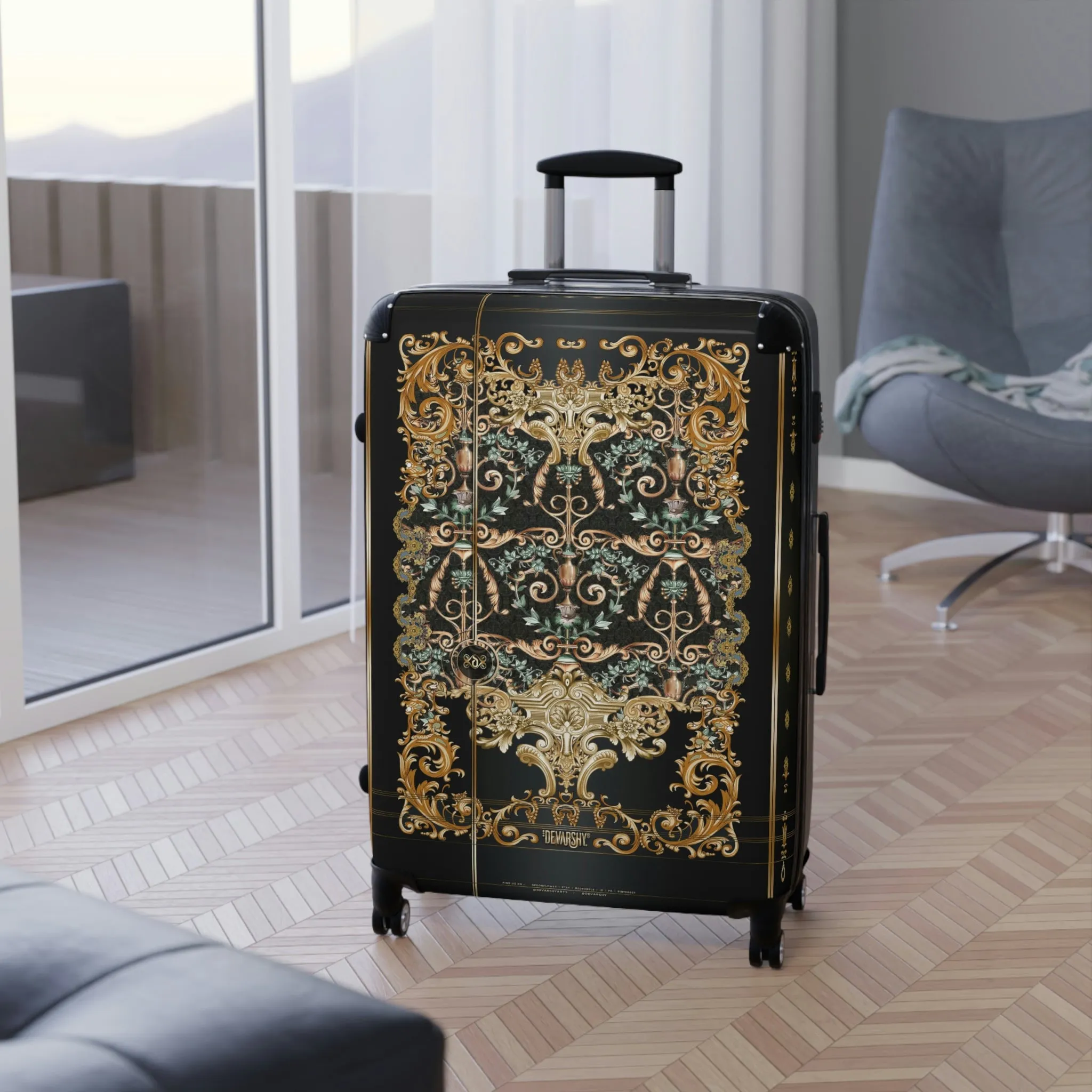 Vienna Baroque Suitcase Carry-on Suitcase Golden Decorative Luggage Black Hard Shell Suitcase in 3 Sizes | 1005E