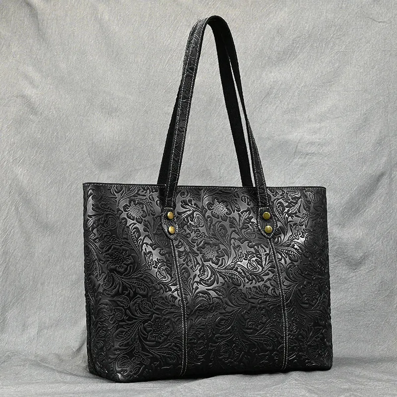 Vintage Embossed Genuine Leather Women's Tote Bag