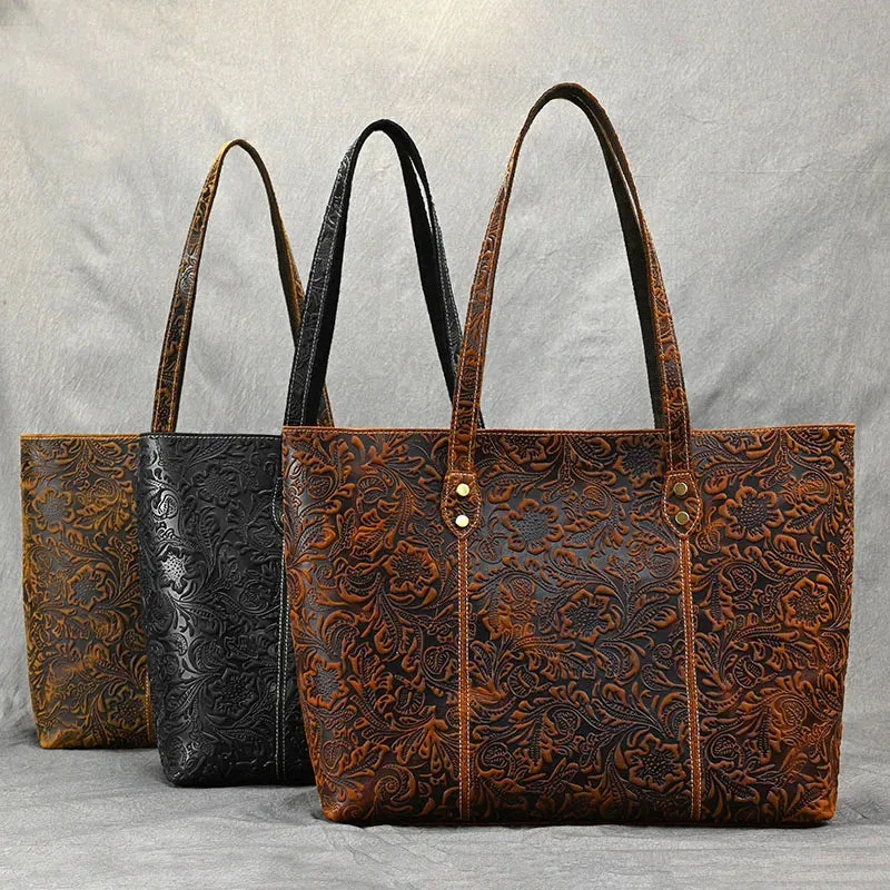 Vintage Embossed Genuine Leather Women's Tote Bag