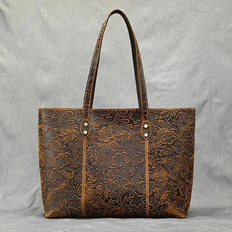 Vintage Embossed Genuine Leather Women's Tote Bag