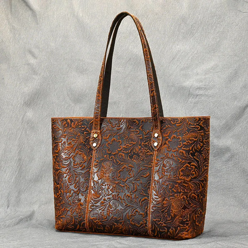 Vintage Embossed Genuine Leather Women's Tote Bag