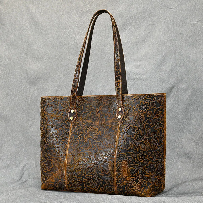 Vintage Embossed Genuine Leather Women's Tote Bag