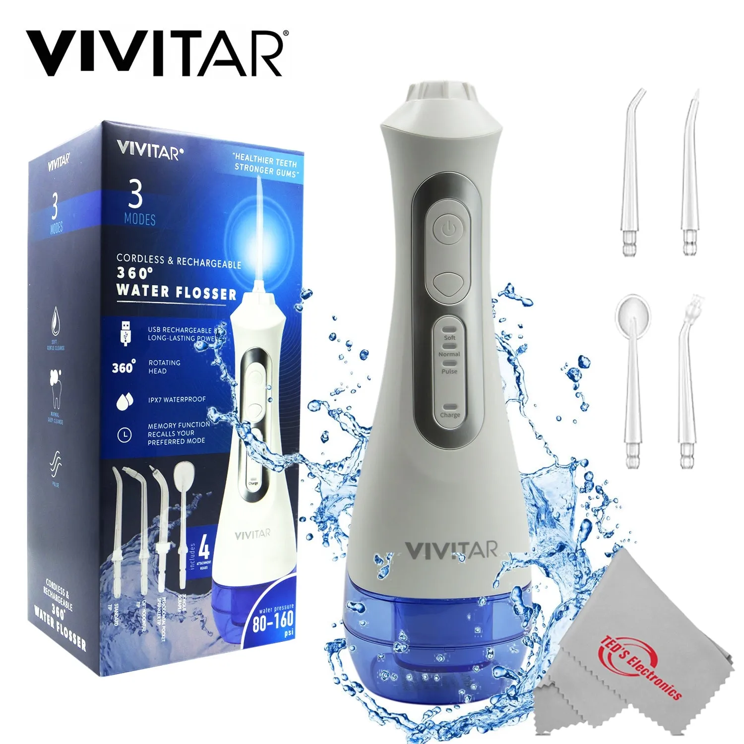 Vivitar Cordless & Rechargeable 360° Water Flosser 3 Modes and Memory Function with Heads Pack of 3