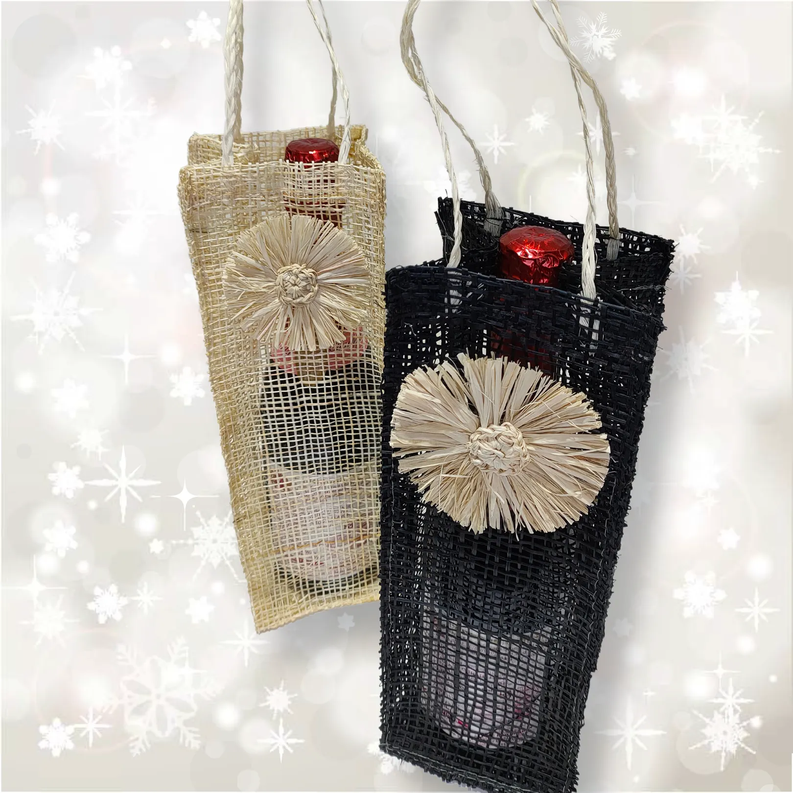 Wine Bottle Tote Style Gift Bag with Raffia Accent, set of 2